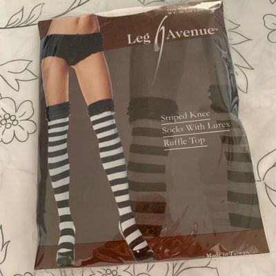 LEG AVENUE STYLE #6607 BLACK/WHITE STRIPED KNEE SOCKS with LUREX RUFFLE TOP- O/S